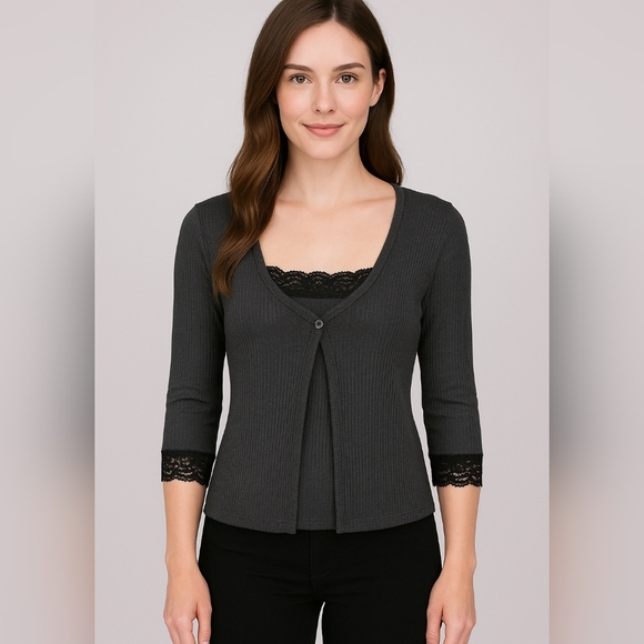 Gray 2 pc cami tank top with sub-style cardigan black lace 3 sizes - Picture 1 of 5